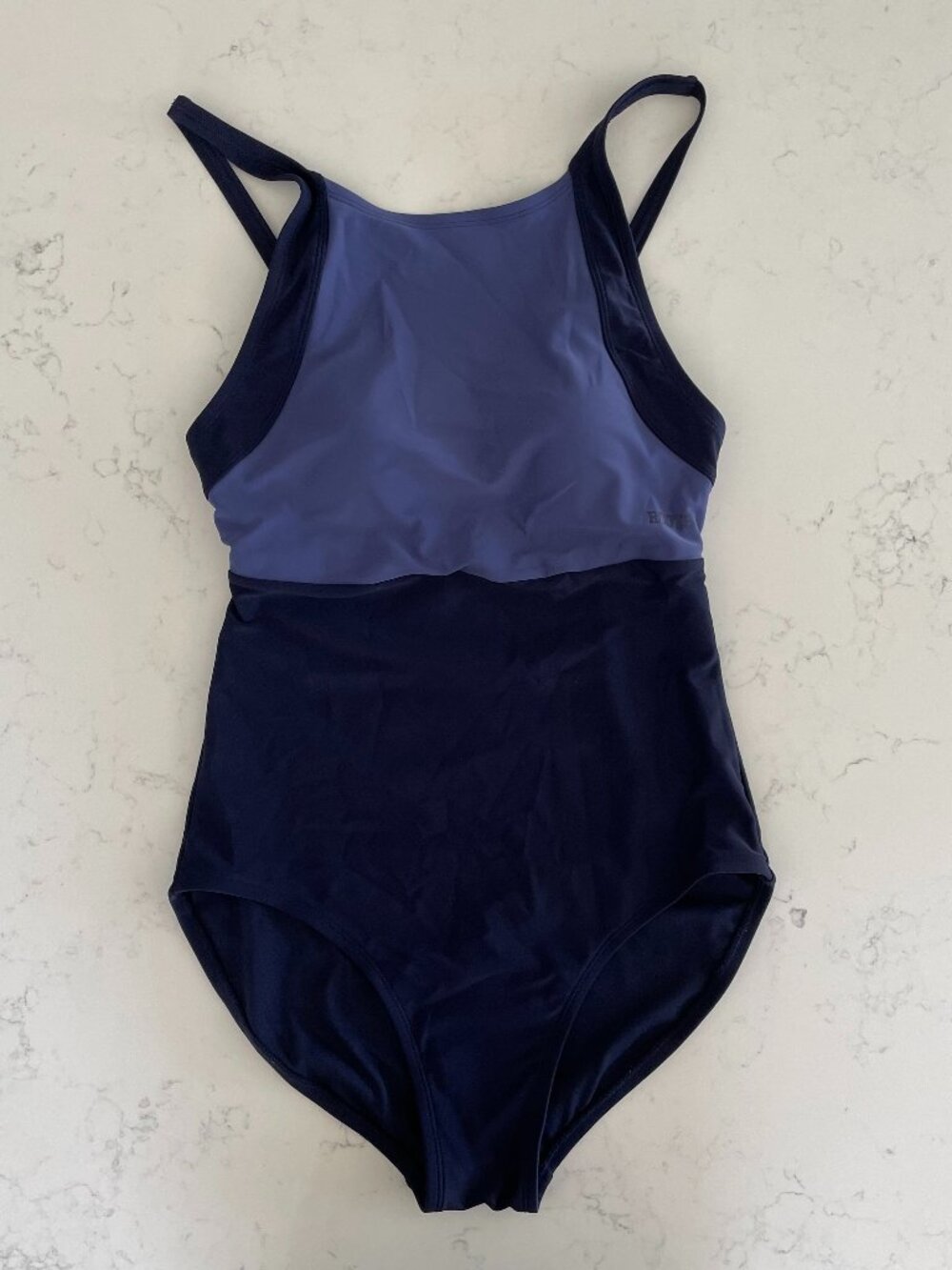 Roots Color Block One Piece Nylon Spandex Lined Hi Neck Swimsuit Navy Mauve Sz 8